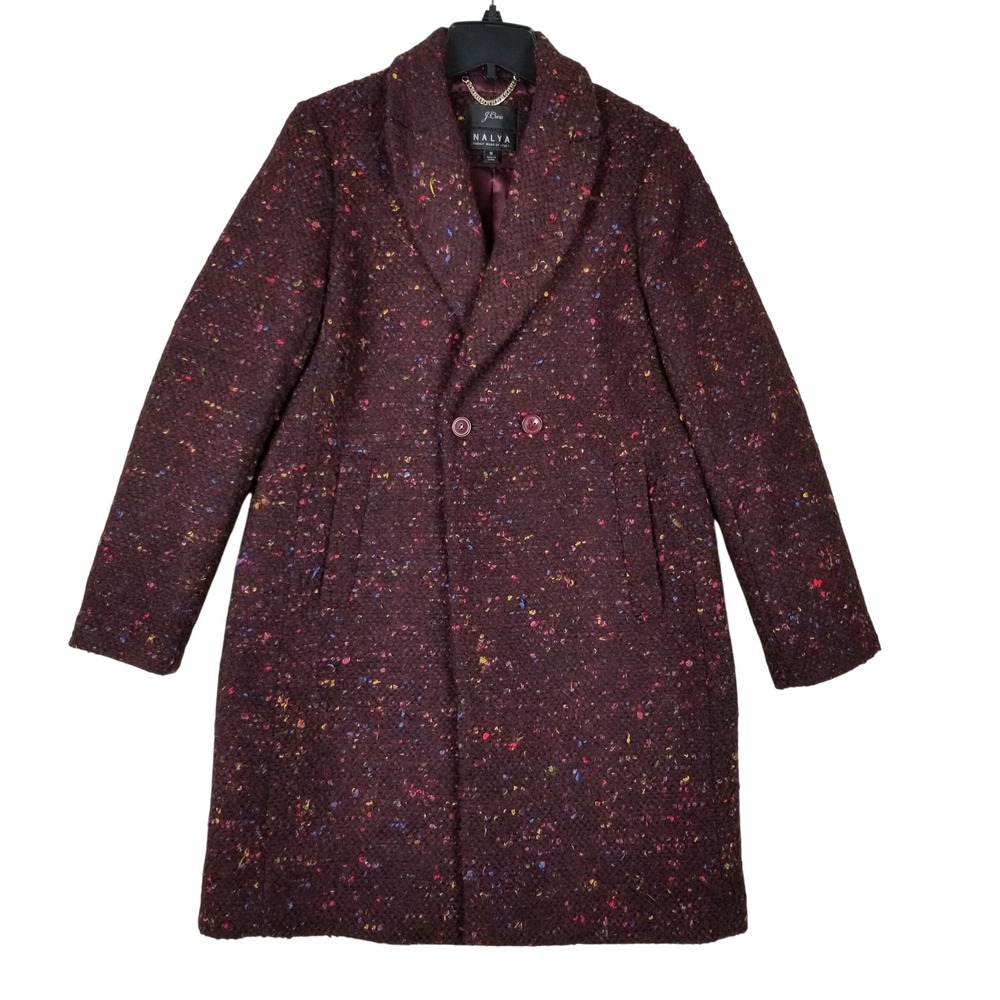 J.Crew Nalya Coat Women 8 Burgundy Confetti Tweed Italian Wool Blend Long Sleeve